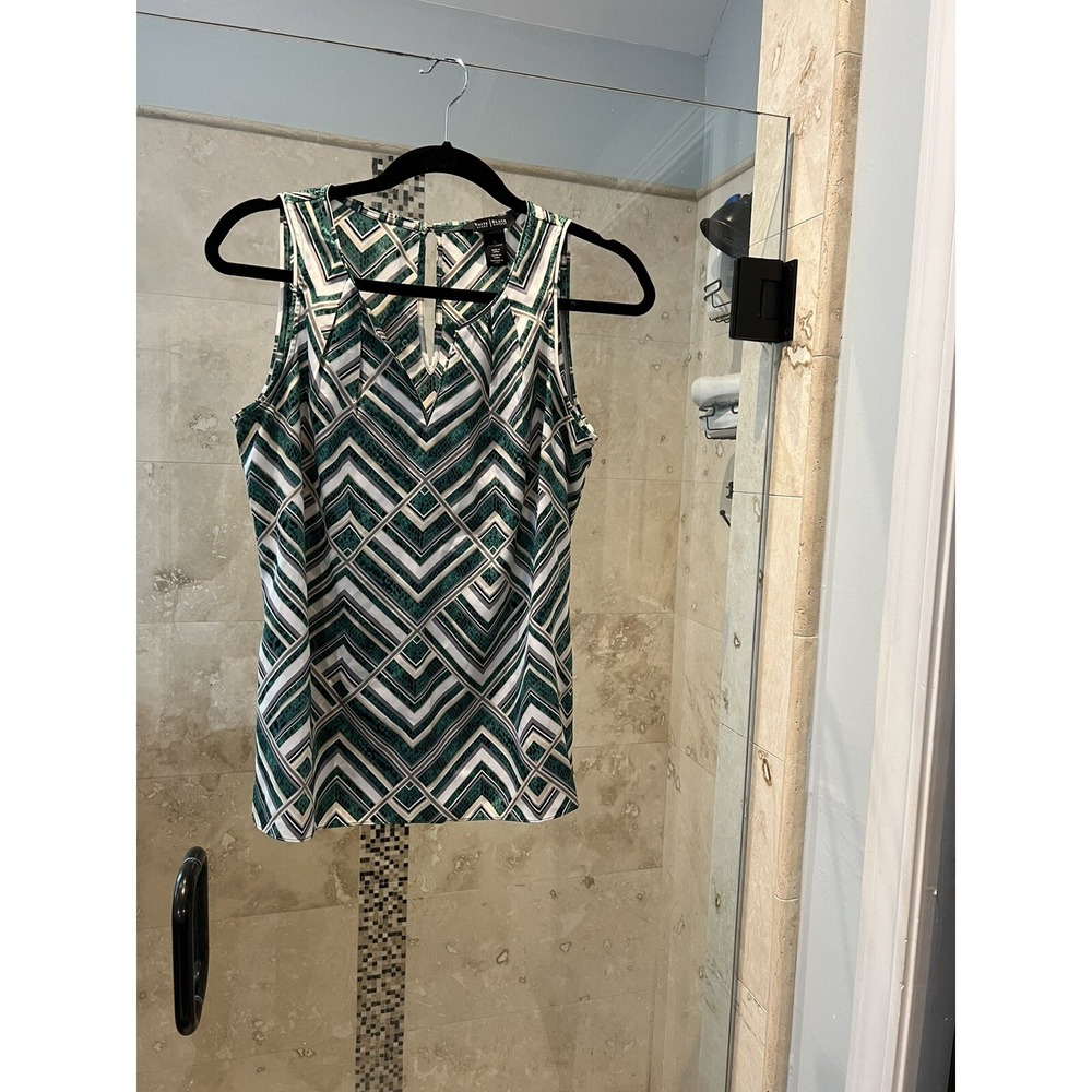 White House Black Market Women Green Tan Satin Print V-Neck Tank Blouse S